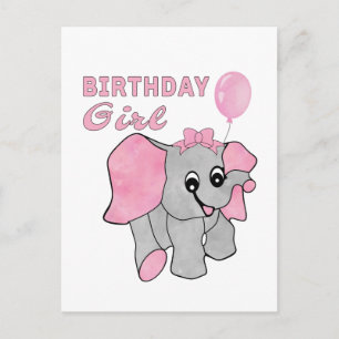 Carte Postale Fille d'anniversaire Éléphant bébé rose