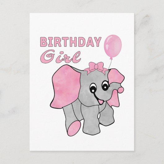 Carte Postale Fille d'anniversaire Éléphant bébé rose (Devant)