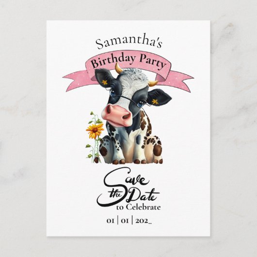 Carte Postale Fille d'anniversaire vache (Devant)