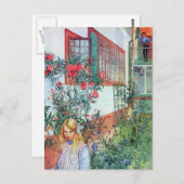 Carte Postale Fille dans le jardin avec des fleurs rouges (Devant / Derrière)