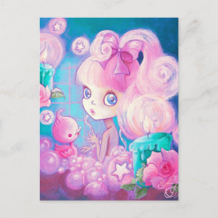 Carte Postale Fille dans un bain moussant avec bougies et roses
