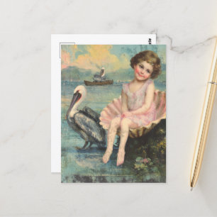 Carte Postale Fille dans un coquillage et un pélican