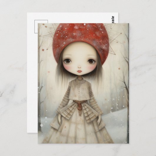 Carte Postale Fille dans une forêt hivernale (Devant / Derrière)