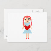 Carte Postale Fille de dessin animé avec cœur (Devant / Derrière)