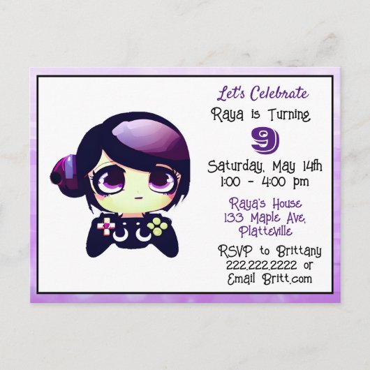 Carte Postale Fille de jeu animée Violet et Noir Anniversaire d' (Devant)