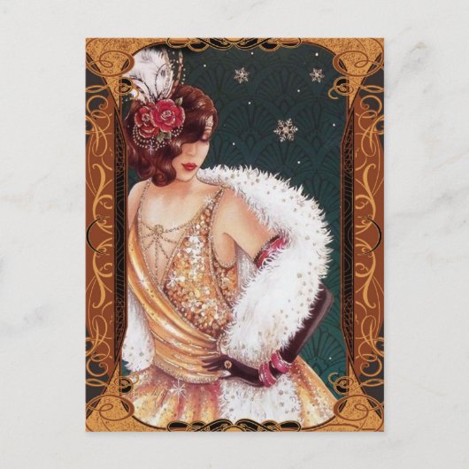 Carte Postale Fille de Noël Flapper dans une robe dorée pailleté (Devant)