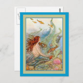 Carte Postale Fille de sirène en mer avec des poissons et des (Devant / Derrière)