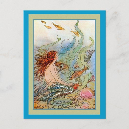 Carte Postale Fille de sirène en mer avec des poissons et des (Devant)
