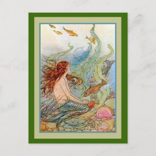 Carte Postale Fille de sirène en mer avec poissons et coquillage