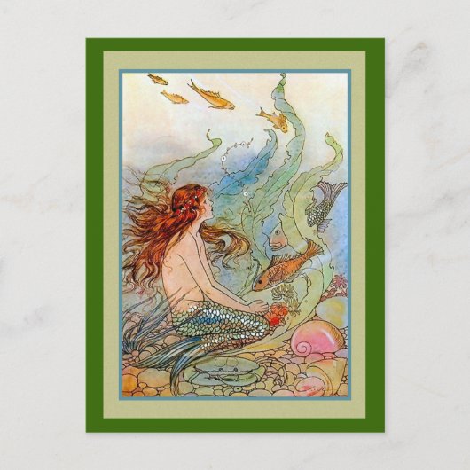 Carte Postale Fille de sirène en mer avec poissons et coquillage (Devant)