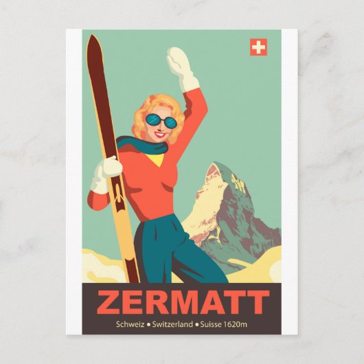 Carte Postale Fille de ski de Zermatt, Suisse (Devant)