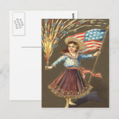 Carte Postale Fille des feux d'artifice et du drapeau américain (Devant / Derrière)