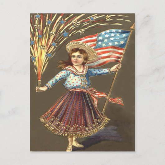Carte Postale Fille des feux d'artifice et du drapeau américain (Devant)