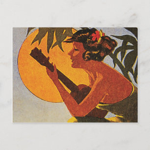 Carte Postale Fille d'Hawaï jouant l'ukulélé sur le coucher du