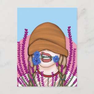 Carte Postale Fille drôle avec des fleurs de maïs sur un terrain