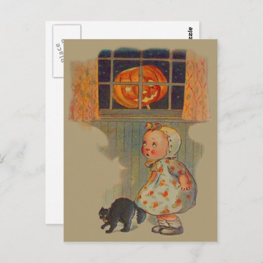 Carte Postale Fille effrayée Jack O' Lanterne Manchette noire (Devant / Derrière)