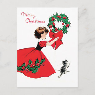 Carte Postale Fille en robe rouge avec couronne de Noël et un ch