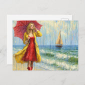 Carte Postale Fille en robe rouge marchant sur la plage sous la  (Devant / Derrière)