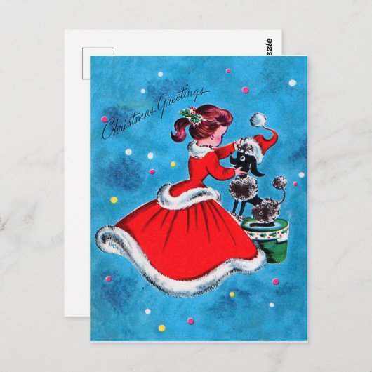Carte Postale Fille en robe rouge préparant son chien pour Noël (Devant / Derrière)