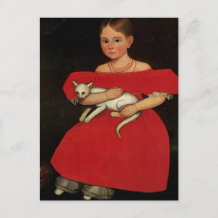 Carte Postale Fille en rouge avec son chat et son chien