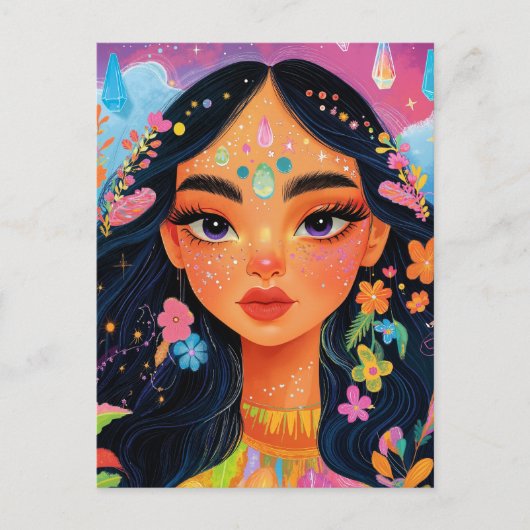 Carte Postale Fille enchantée avec fleurs (Devant)