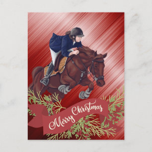 Carte Postale Fille et Cheval Joyeux Noël Rouge