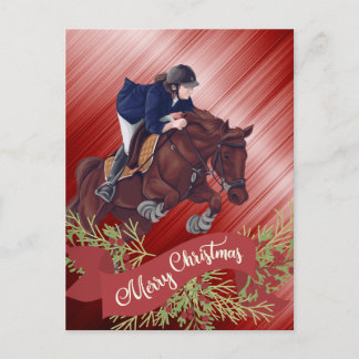 Carte Postale Fille et Cheval Joyeux Noël Rouge