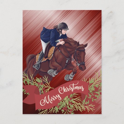 Carte Postale Fille et Cheval Joyeux Noël Rouge (Devant)