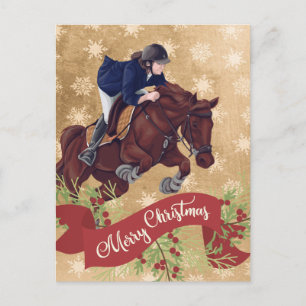 Carte Postale Fille et cheval sautant Joyeux Noël doré