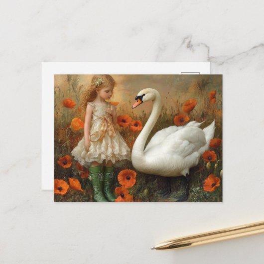 Carte Postale Fille et cygne dans les pavots (Devant/Arrière en situation)