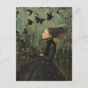 Carte Postale Fille et papillons Imaginaire foncé