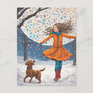Carte Postale Fille et son chien Happiness hiver