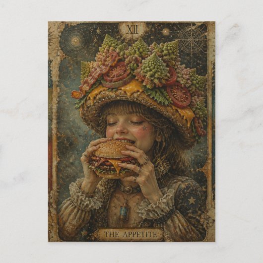 Carte Postale Fille étrange avec un chapeau de cheeseburger L'ap (Devant)