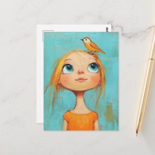 Carte Postale Fille fantaisiste avec un oiseau sur la tête