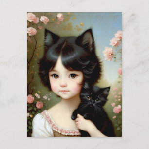 Carte Postale Fille Fantastique avec Chat Noir - Peinture Vintag