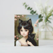 Carte Postale Fille Fantastique avec Chat Noir - Peinture Vintag (Debout devant)