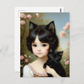 Carte Postale Fille Fantastique avec Chat Noir - Peinture Vintag (Devant / Derrière)