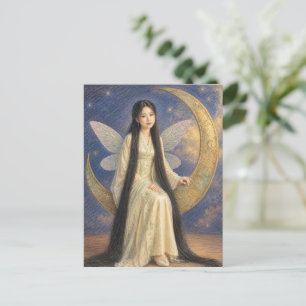 Carte Postale fille fée chinoise dessin au crayon de couleur