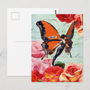 Carte Postale Fille Fée Papillon Vintage Rose Florale Art