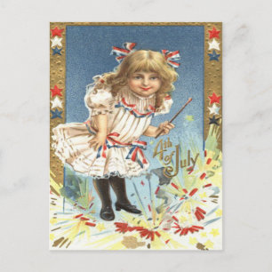 Carte Postale Fille Feu d'Artifice Pétard Stars & Stripes