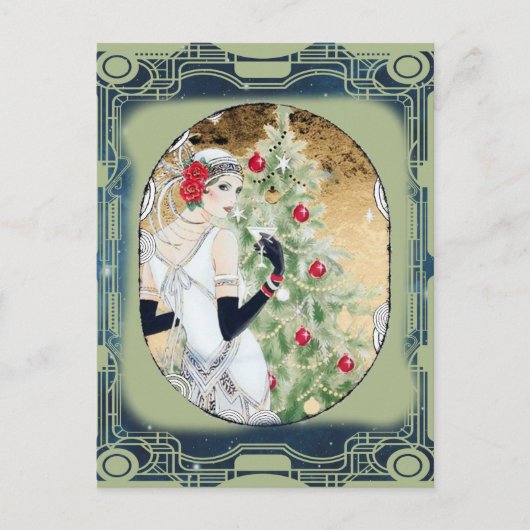 Carte Postale Fille flapper de Noël avec boisson et arbre (Devant)