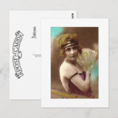 Carte Postale fille flapper en violet avec un éventail (Devant / Derrière)