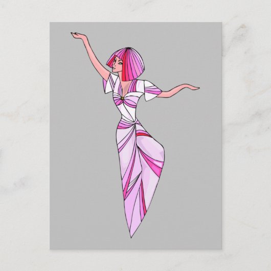 Carte Postale Fille funky danseuse rose avec cheveux roses (Devant)