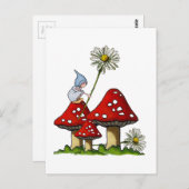 Carte Postale Fille Gnome, Tabouret, Marguerites, Art Fanstasy (Devant / Derrière)