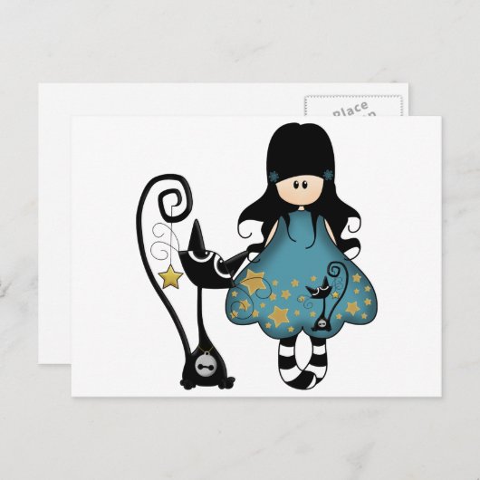 Carte Postale Fille Goth fille avec chat noir (Devant / Derrière)