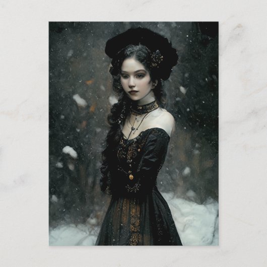 Carte Postale Fille gothique en hiver. Il neige. (Devant)