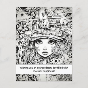Carte Postale Fille gribouillée visage Inspiration Fille noir et