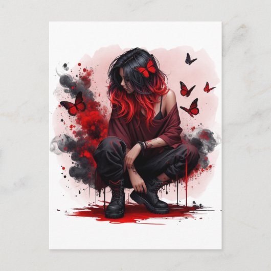 Carte Postale Fille grunge papillon rouge (Devant)