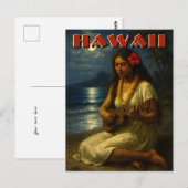Carte Postale Fille Hawaïenne Rétro & Ukulele à la Plage au Clai (Devant / Derrière)