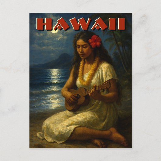 Carte Postale Fille Hawaïenne Rétro & Ukulele à la Plage au Clai (Devant)